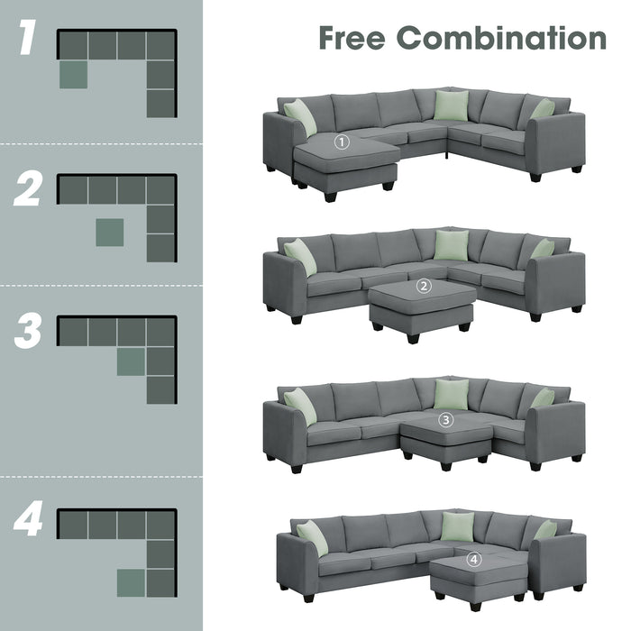 7 Seats Modular Sectional Sofa with Ottoman L Shape Fabric - Grey