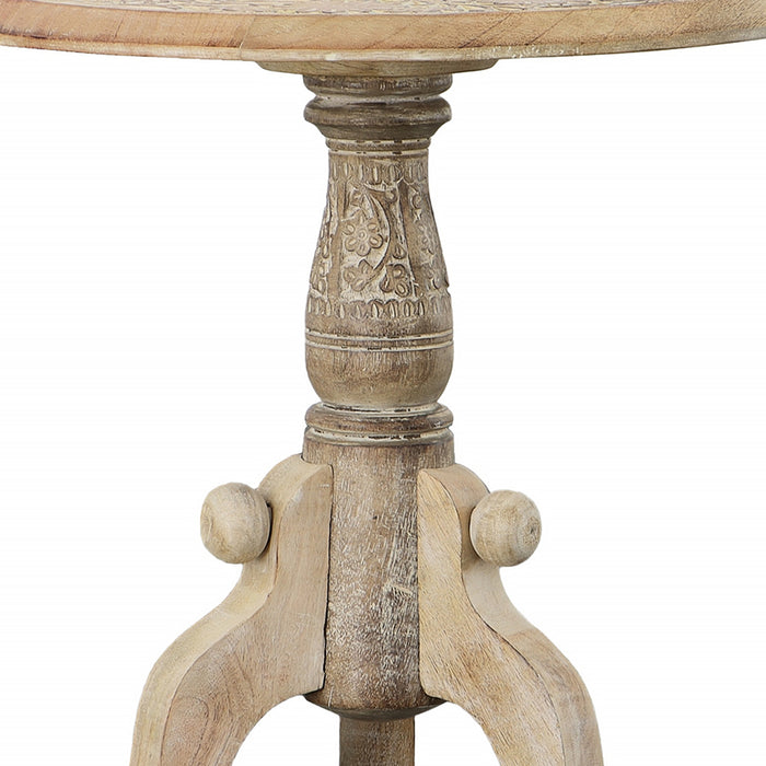 Intricately Carved Round Top Side End Table - Brown and White