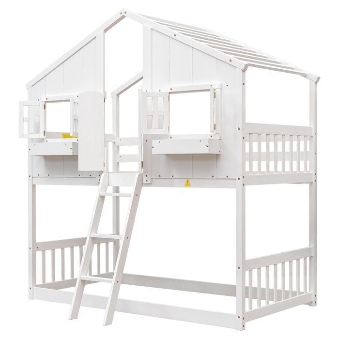 Twin over Twin House Bunk Bed with Roof , Windows - White