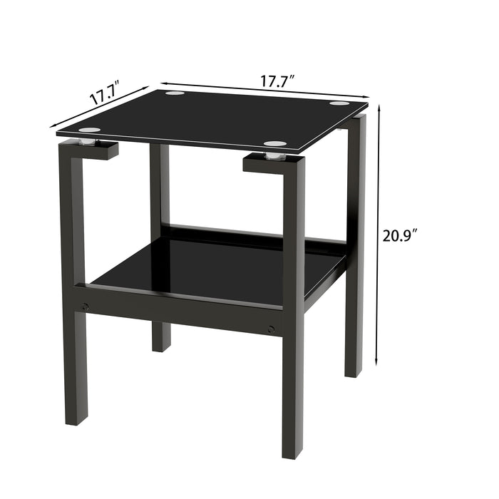 Modern Black Glass Clear Side  2-Tier Space End Table - Black