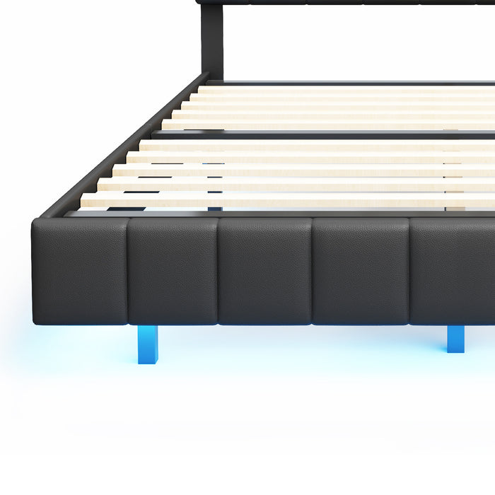 Queen Size Modern Upholstered Platform Bed with LED Lights and USB Charging - Black