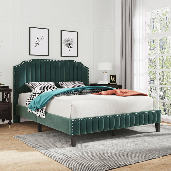 Modern Velvet Curved Upholstered Platform Bed , Green (Queen)