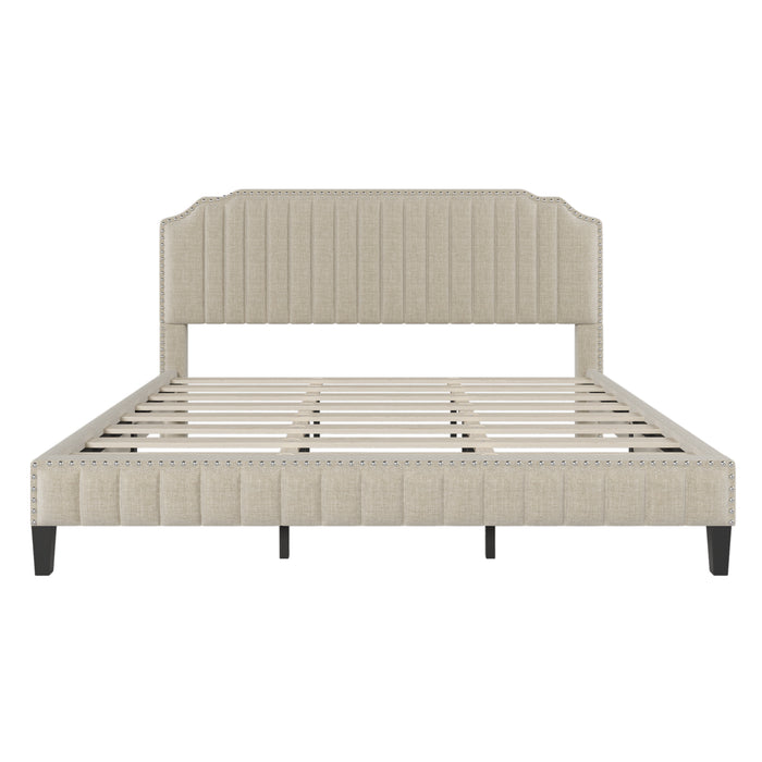 Modern Linen Curved Upholstered Platform Bed (King)