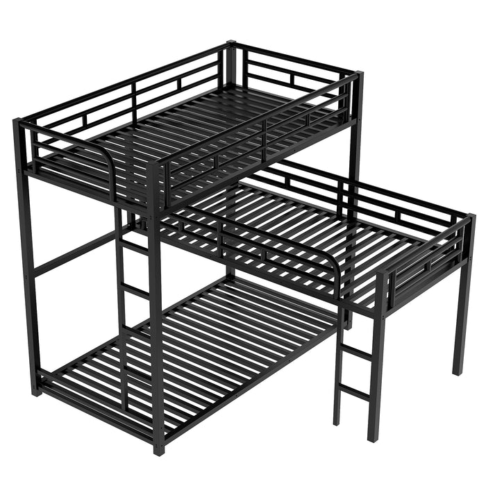 L-shaped Metal Triple Twin Size Bunk Bed - Black