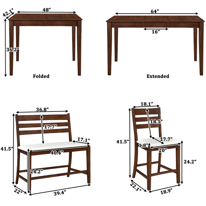 6-Piece Farmhouse Extendable Counter Height Dining Table Set - Brown Walnut + Beige