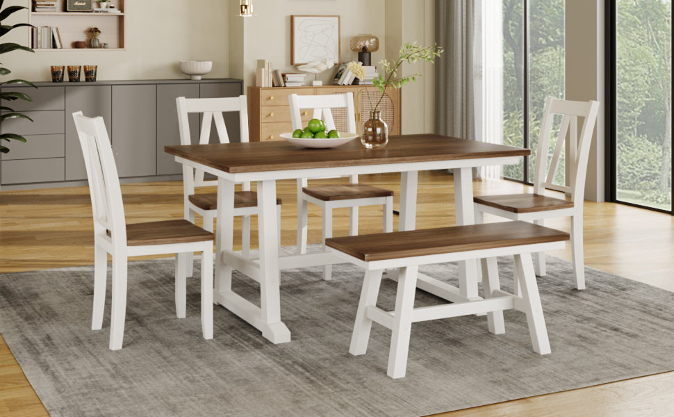 6-Piece Wood Dining Table Set Kitchen Table Set- Walnut + White