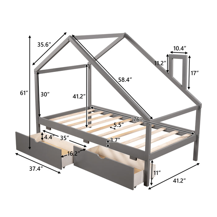 Daybed with Two Pull-out Drawers and Roof, House Bed Frame for Kids, Twin Size, Gray