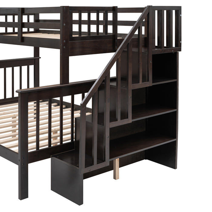 Stairway Twin-Over-Full Bunk Bed with Storage and Guard Rail - Espresso