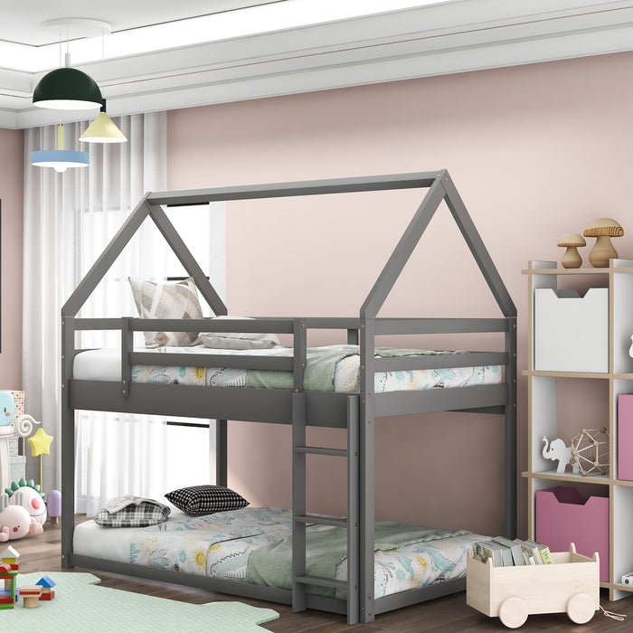 Twin over Twin Low  House Bunk Bed - Gray