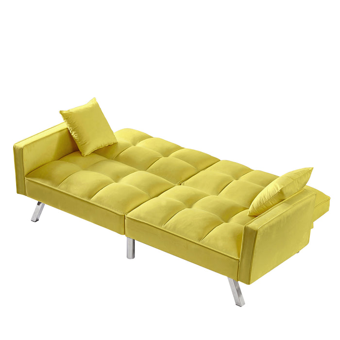 Modern Velvet Sofa Bed with Armrests and 2 Pillows - YELLOW