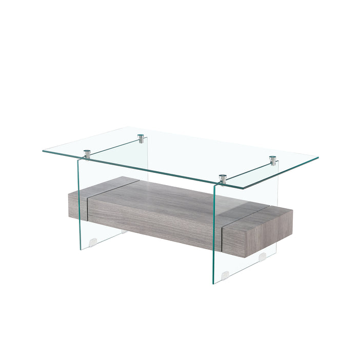 Tempered Glass Coffee table with Dual Shelves and Drawer - transparent/gray