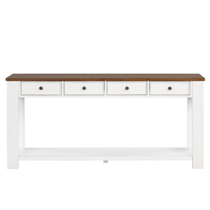 Pine Wood Console Table - Antique White+ Brown Top