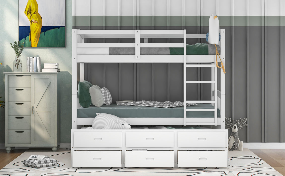 Twin over Twin Wood Bunk Bed with Trundle and Drawers - White