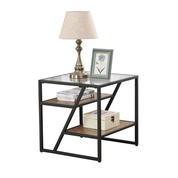 Black Side End Table with Storage Shelf, Tempered Glass