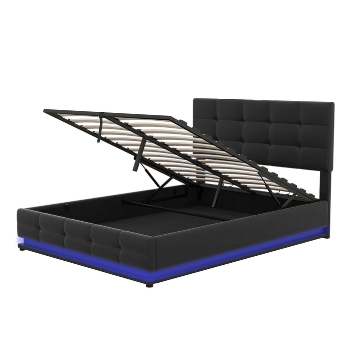 Full Size Tufted Upholstered Platform Bed with Hydraulic Storage and LED Lights and USB charger - Black