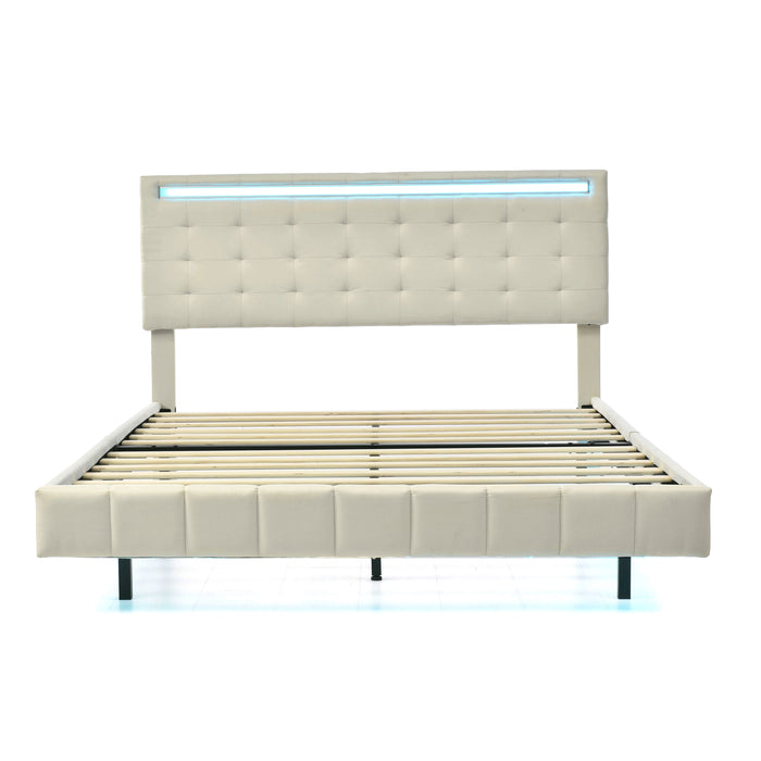 Queen Size Modern Upholstered Platform Floating Bed Frame with LED Lights and USB Charging - Beige