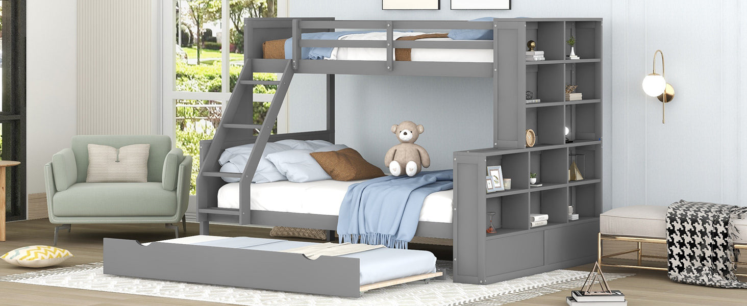 Twin over Full Bunk Bed with Trundle and Shelves, can be Separated into Three Separate Platform Beds, Gray