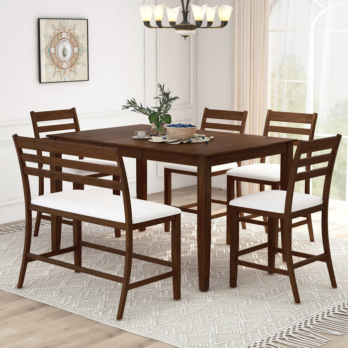 6-Piece Farmhouse Extendable Counter Height Dining Table Set - Brown Walnut + Beige