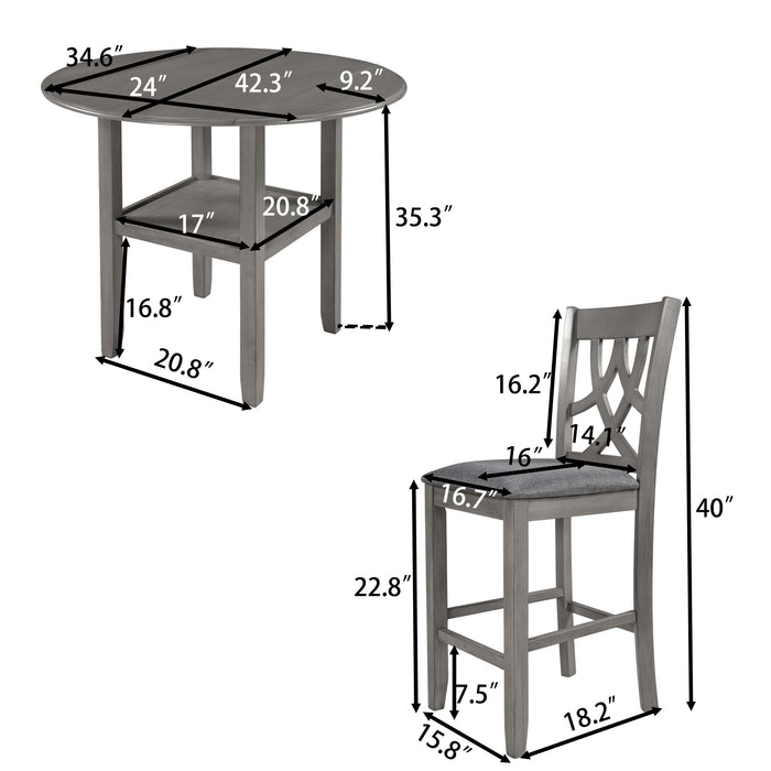 3-Piece Farmhouse Round Counter Height Kitchen Dining Table Set with Drop Leaf Table - Gray