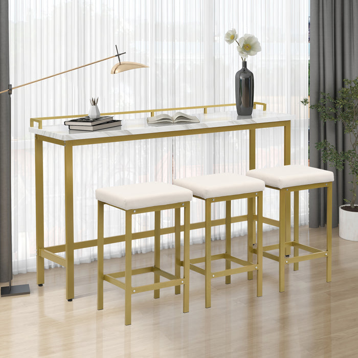 4-Piece Modern Counter Height Extra Long Console Dining Table Set - Gold + Beige