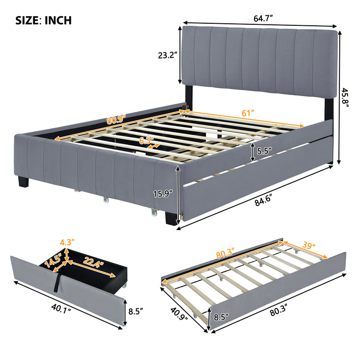 Queen Size Velvet Upholstered Platform Bed with 2 Drawers and 1 Twin XL Trundle- Gray