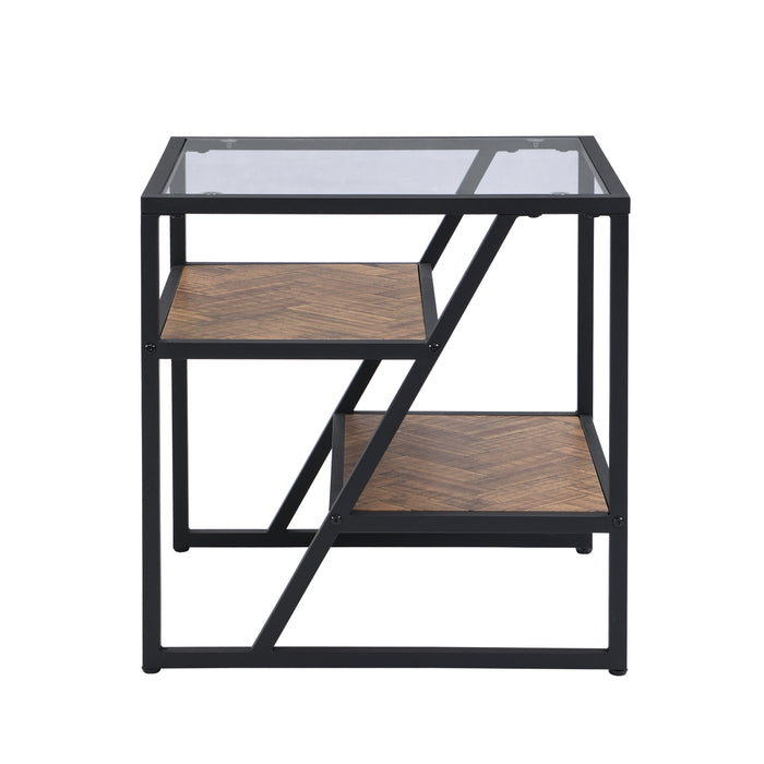 Black Side End Table with Storage Shelf, Tempered Glass