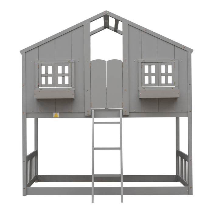 Twin over Twin House Bunk Bed with Roof & Windows - Grey