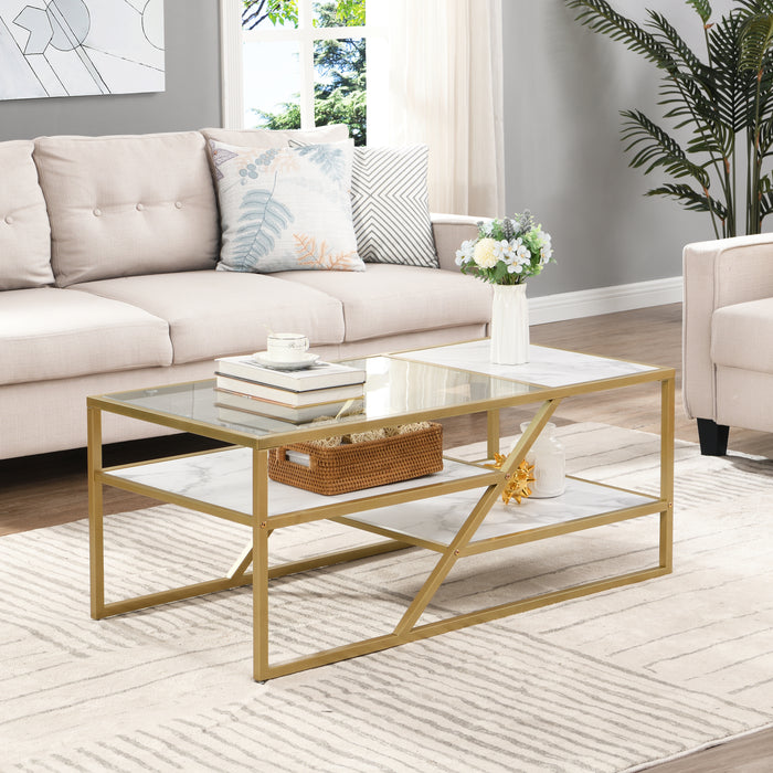 Golden Coffee Table with Storage Shelf - Tempered Glass