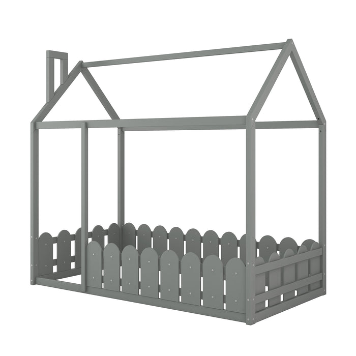 Twin Size Wood Bed House/ Fence (Gray )（Slats are not included)