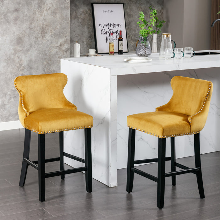 Contemporary Velvet Upholstered Wing-Back Barstools,Set of 2 (Gold)