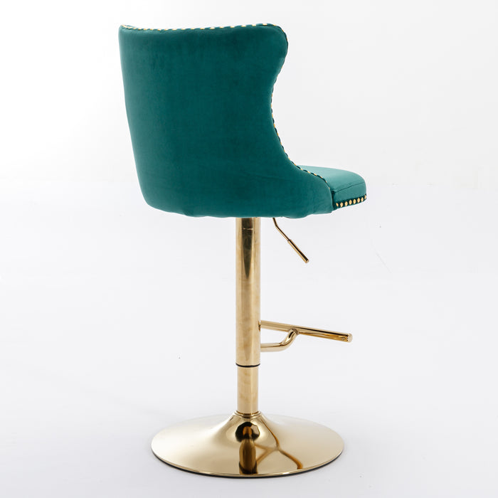 Golden Swivel Velvet Barstools, Green (Set of 2）