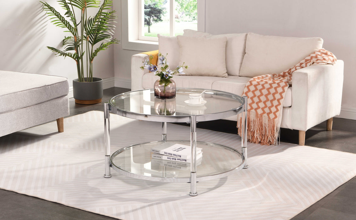 Contemporary Acrylic Coffee Table, Round Tempered Glass - Chrome/Silver