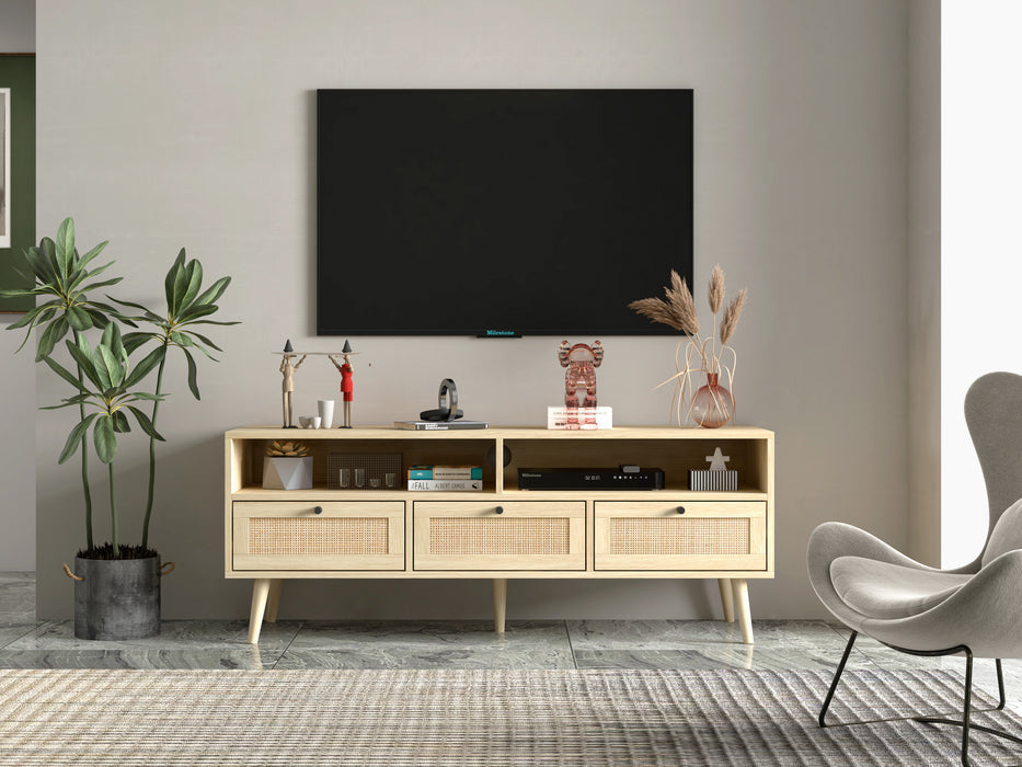 Rattan TV Stand with Solid Wood Feet - Natural