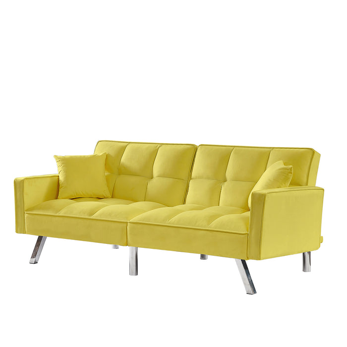 Modern Velvet Sofa Bed with Armrests and 2 Pillows - YELLOW