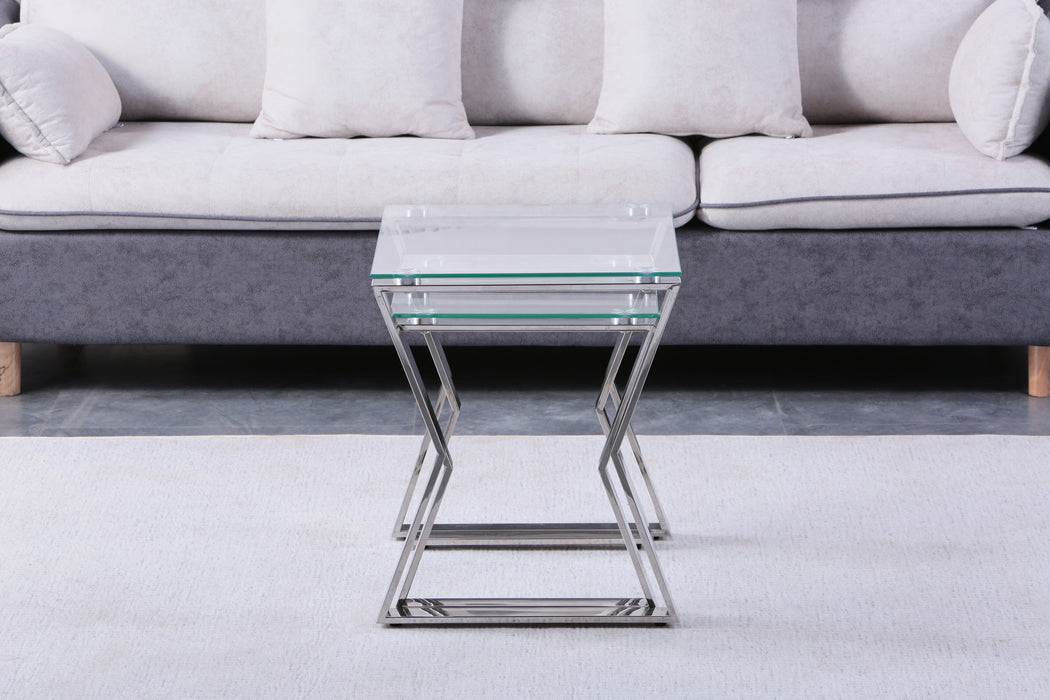 Modern Glass End Table  for Living Room 2 pc - Silver