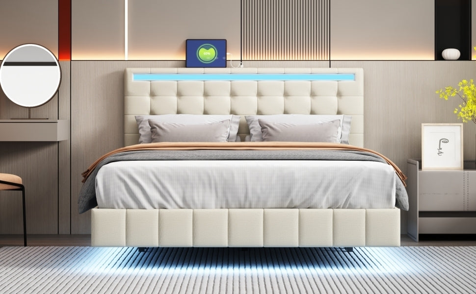 Queen Size Modern Upholstered Platform Floating Bed Frame with LED Lights and USB Charging - Beige