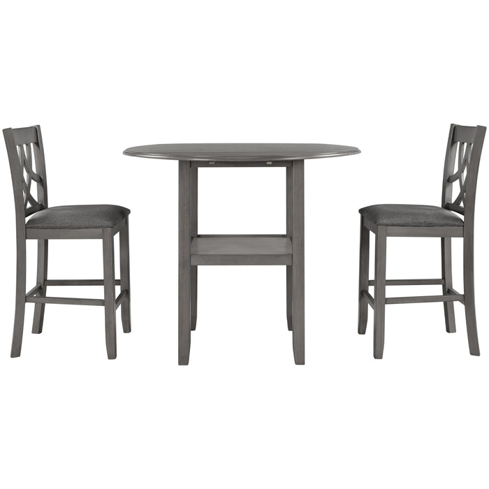 3-Piece Farmhouse Round Counter Height Kitchen Dining Table Set with Drop Leaf Table - Gray