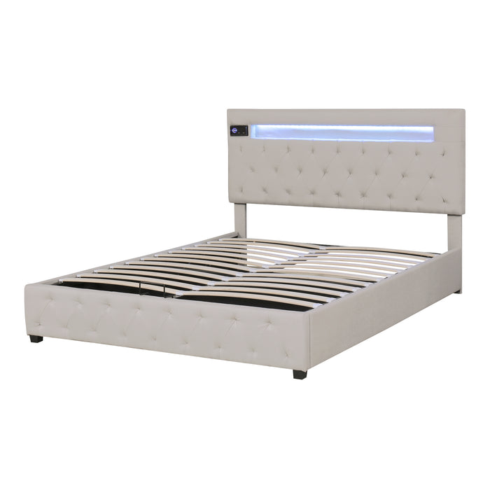 Queen Size Storage Upholstered Platform Bed with Adjustable Headboard - Beige