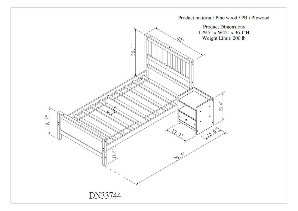 Twin Bed with with 1 Nightstand, White