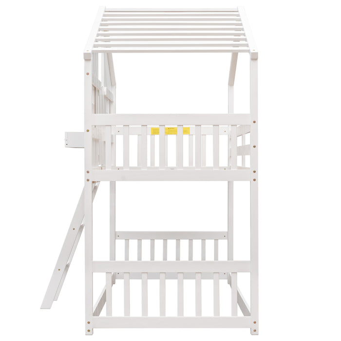 Twin over Twin House Bunk Bed with Roof , Windows - White