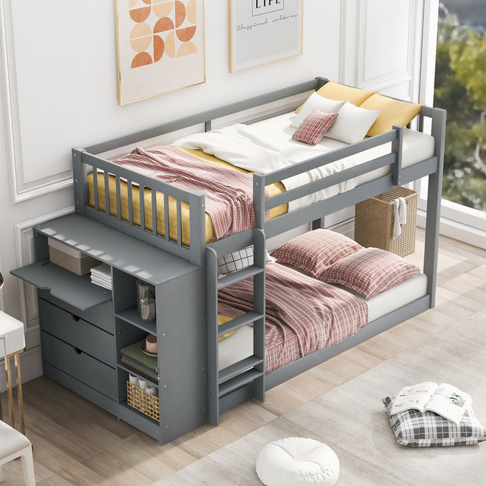 Twin over Twin Bunk Bed with Attached Cabinet and Shelves Storage - Gray