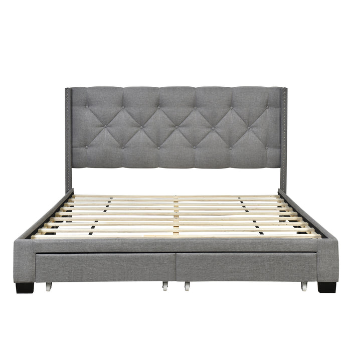 Queen Size Storage Bed Linen Upholstered Platform Bed with Two Drawers - Gray