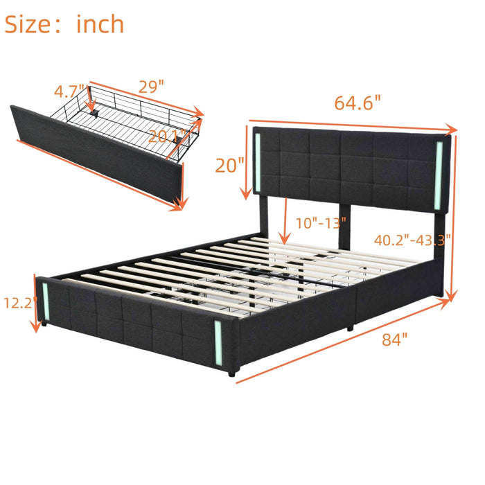 Queen Upholstered  storage Platform Bed with LED Lights and USB Charging - Dark Gray