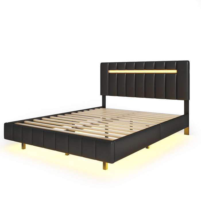 Queen Size Modern Upholstered Platform LED Bed  with LED Lights and USB Charging - Black