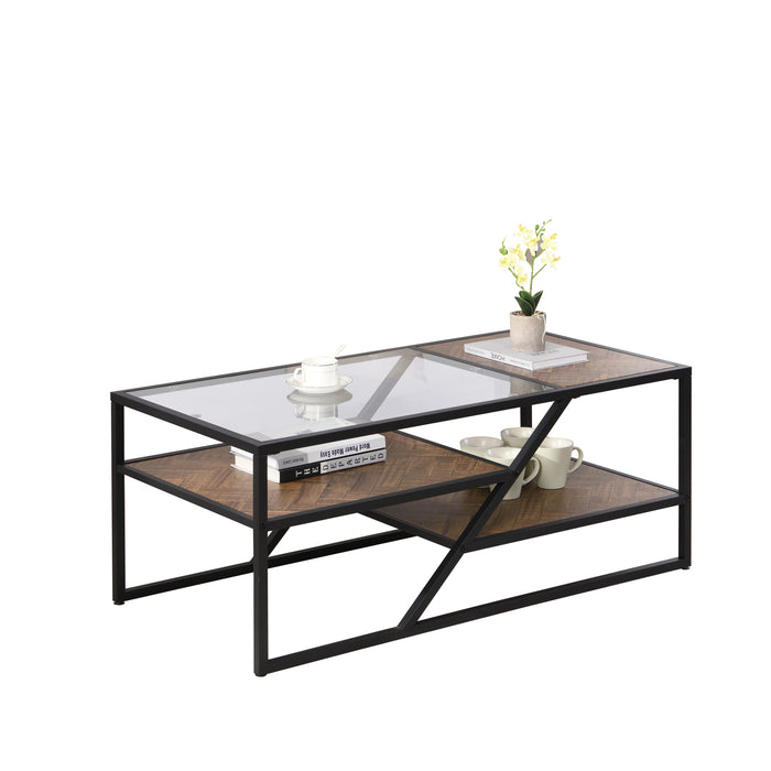 Black Coffee Table with Storage Shelf - Tempered Glass