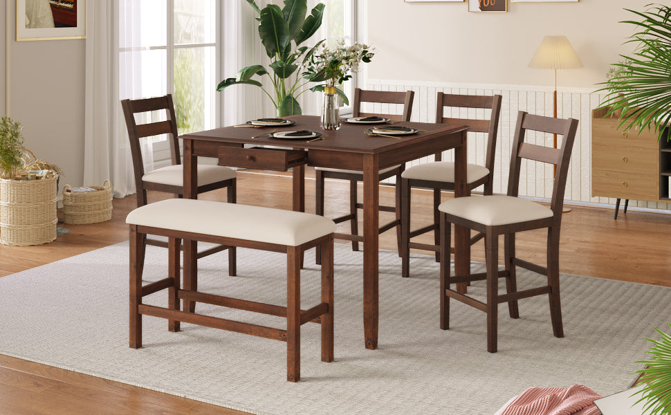 6-Piece Wood Dining Table Set with Storage Drawer - Walnut