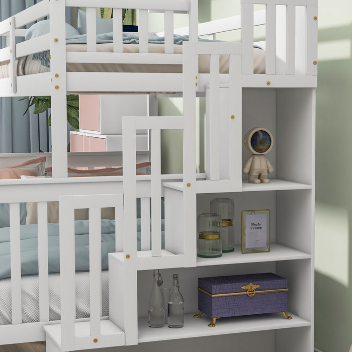 Twin Over Full Bunk Bed with 2 Drawers and Staircases - White