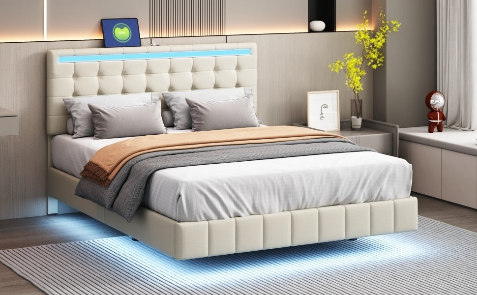 Queen Size Modern Upholstered Platform Floating Bed Frame with LED Lights and USB Charging - Beige