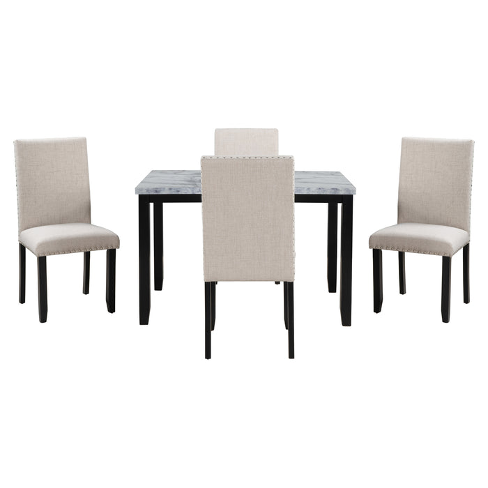 5-Piece Faux Marble Dining Set  - White/Beige + Black