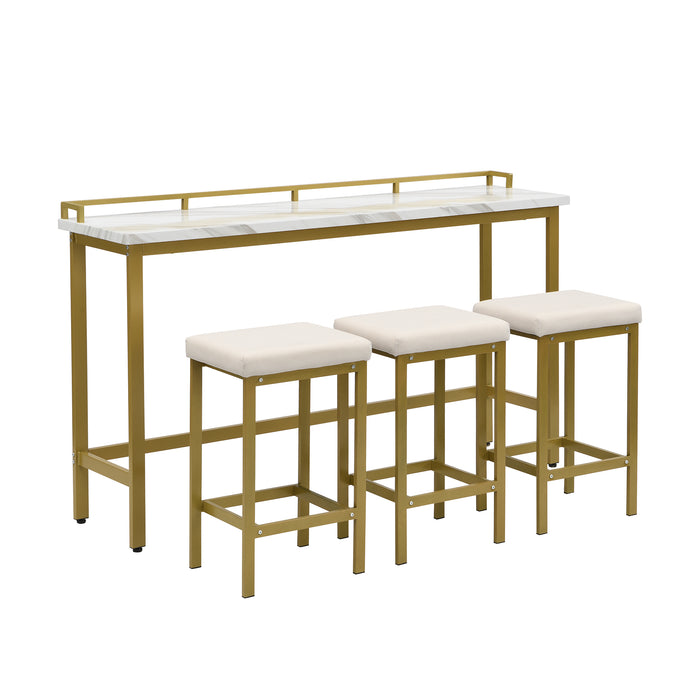 4-Piece Modern Counter Height Extra Long Console Dining Table Set - Gold + Beige